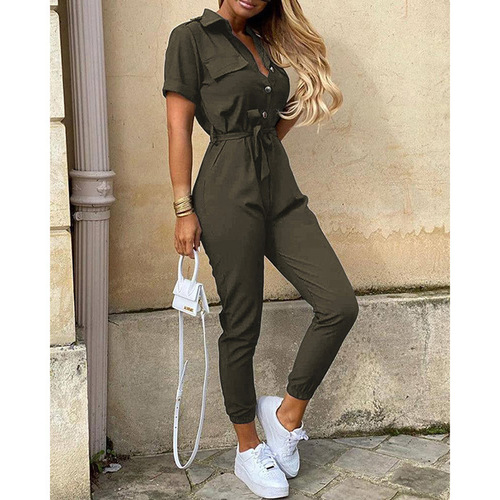 eBay Summer European and American Women's Casual Long Pants with Collar, Button Print Belt, Workwear Bodysuit