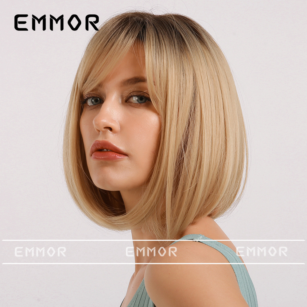 Peluca Emmor para Mujer con Flequillo, Estilo BOB, Exportación a Amazon, Peluca de Fibra Sintética Dorada Degradada, Cabello Corto