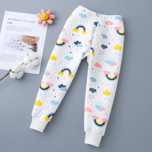 Children's three-layer padded warm pants with thick winter and autumn sleepwear, unisex, footed home pants, padded cotton pants