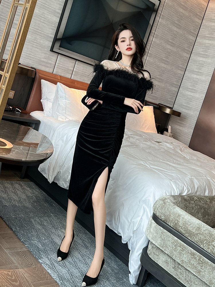 Đầm maxi nhung tua rua phong cách tiểu thư Pháp — Màu đen