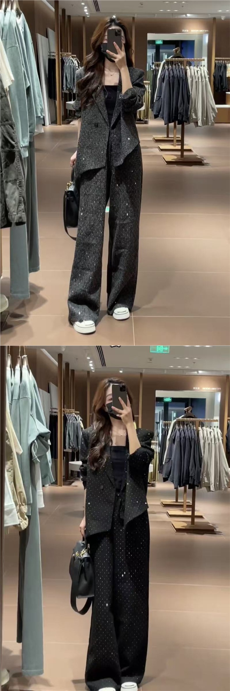 GraceChic Autumn New Style Irregular Shiny Blazer Jacket For Women With High Waist Wide Leg Pants Two-Piece Set_voghion.com