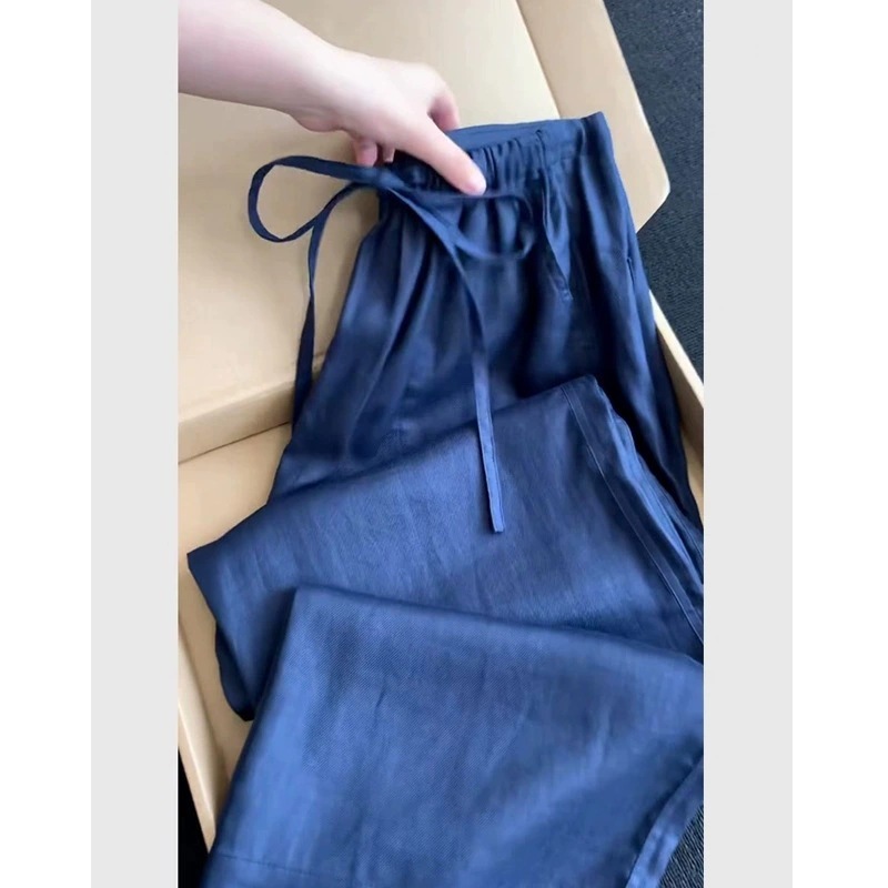 超見栄えの良い、ファッショナブルでハイエンドの新しい中国風のブルーのワイドレッグパンツ、女性用夏の新しいカジュアルで多用途なルーズパンツ2025|undefined