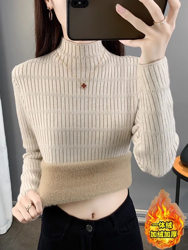秋冬季加绒加厚毛衣女士一体绒半高领内搭打底针织衫修身保暖上衣