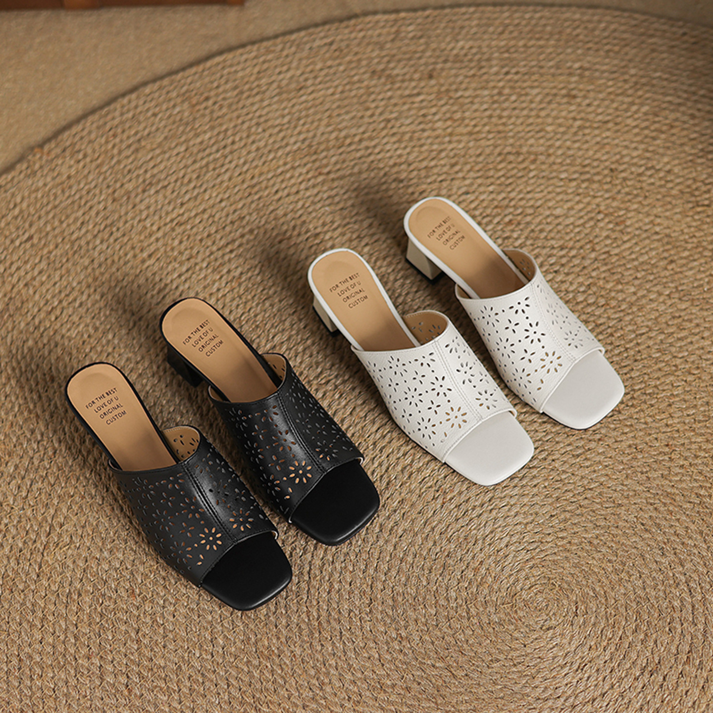 Sandal cao gót nữ hở mũi quai ngang da bò đục lỗ, gót 5 cm — đen