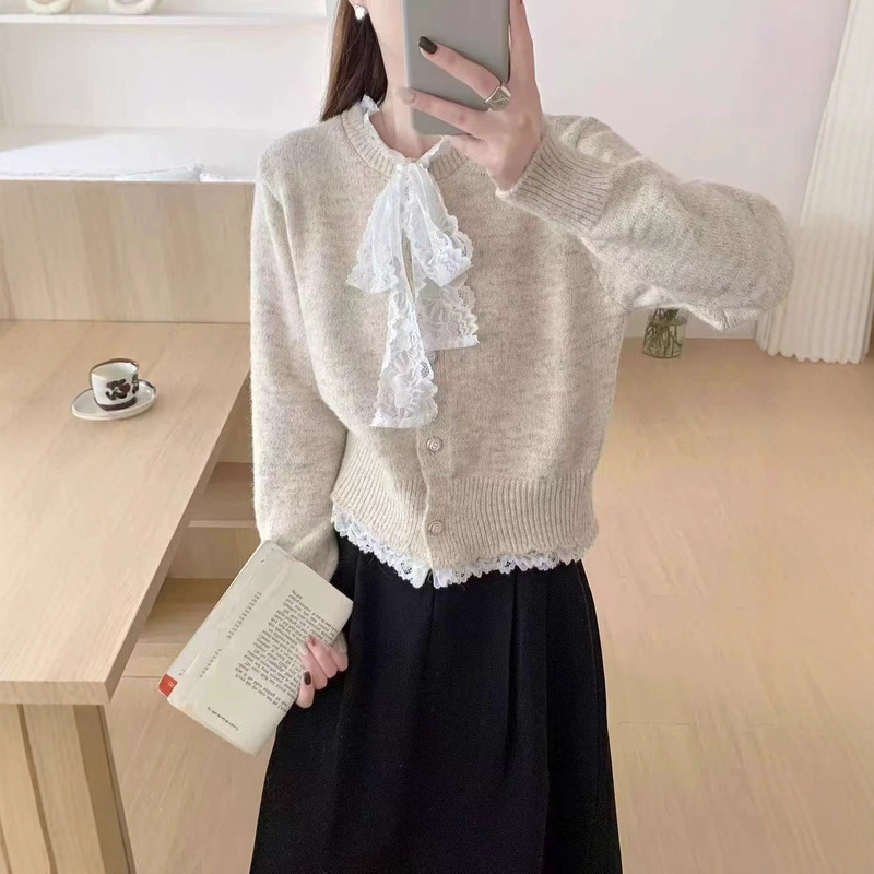 韩版蕾丝拼接毛衣女装外套新款秋冬季宽松柔软休闲慵懒风针织开衫|undefined