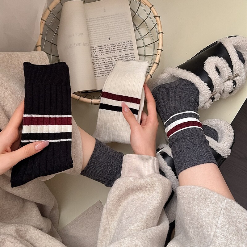 Korean Style TB Striped Wool Socks Children's Autumn and Winter Heat Storage Warm Japanese Style Simple Two-Bar Cashmere Mid-Tube Stacked Socks Korean Style TB Striped Wool Socks Children's Autumn and Winter Heat Storage Warm Japanese Style Simple Two-Bar Cashmere Mid-Tube Stacked Socks