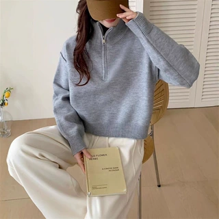 2026韩版半拉链立领季新款宽松感短款小个子针织衫毛衣女秋冬外套