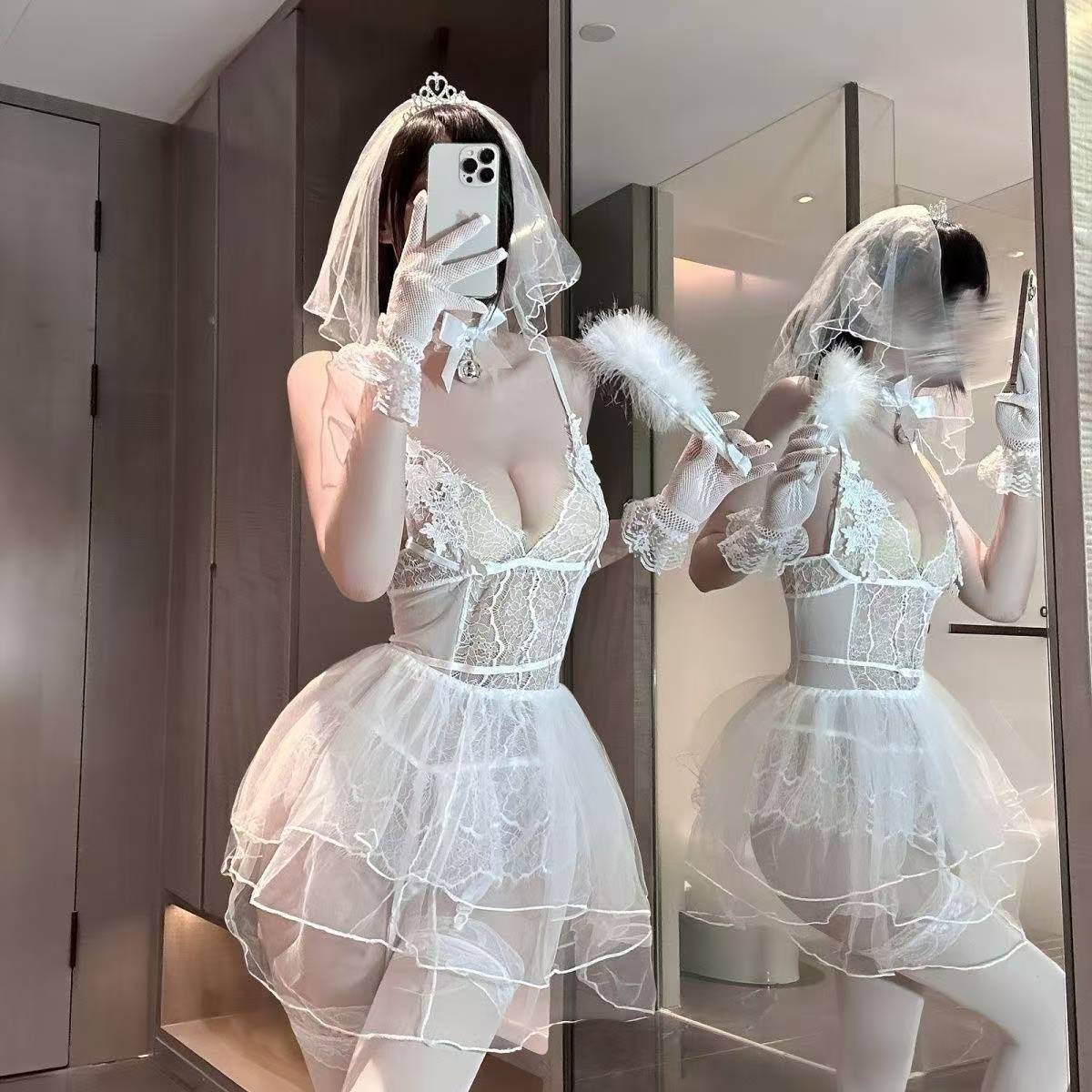 Bridal Lace Lingerie Set with Cut-Out Mesh Detail, Choker Bell and White Stockings — detail image 5
