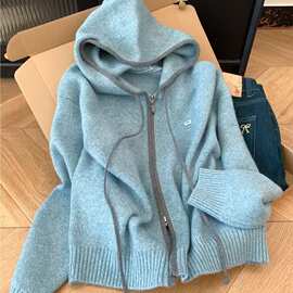 新款宽松显瘦软糯毛衣 拉链连帽慵懒风针织开衫女秋季图片色其他