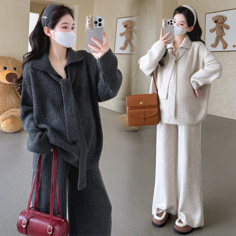 孕妈装秋冬季潮妈时髦新款宽松休闲百搭软糯毛衣显瘦阔腿裤两件套|undefined