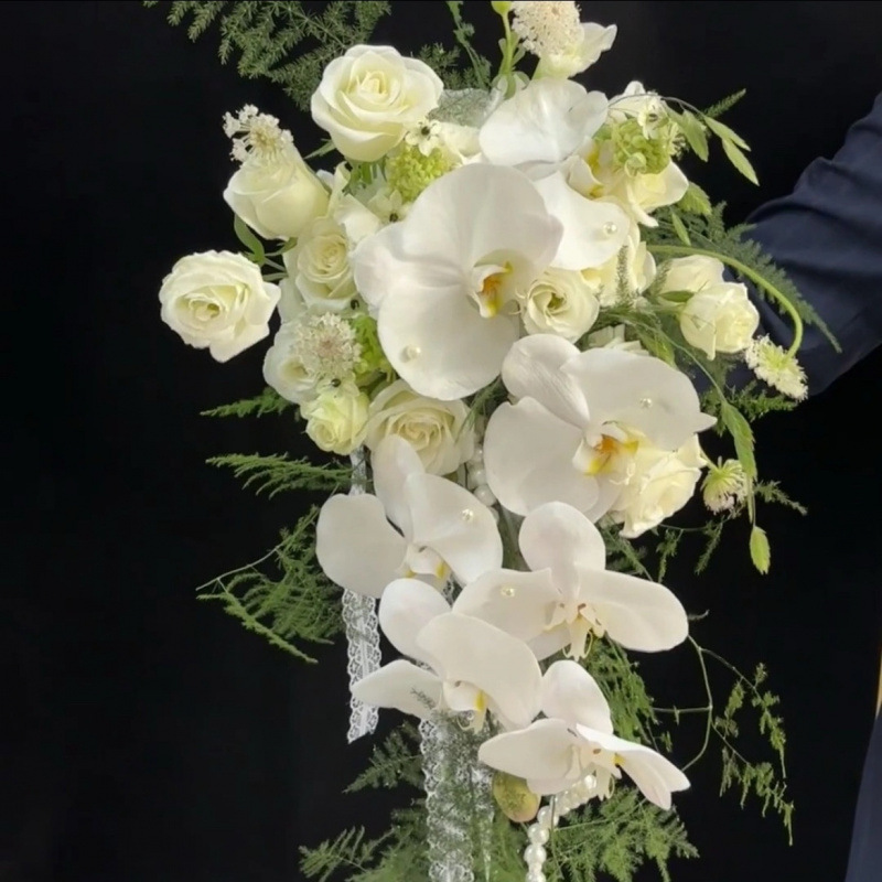 瀑布手捧花新娘仿真花婚纱照影楼拍摄道具文竹蝴蝶兰森系水滴手捧|undefined