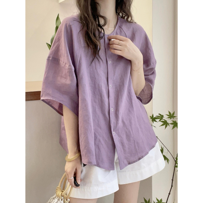 Ramie Shirt Women's Loose Meat-Covering Slimming Fashionable Western Style Small Shirt Casual Chubby Puff Sleeve Summer Mid-Sleeve Top