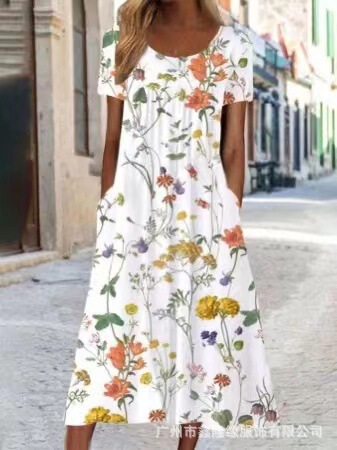 2023 Cross-Border Amazon Independent Station Women's Printed Round Neck Pocket Dress 2023 Cross-Border Amazon Independent Station Women's Printed Round Neck Pocket Dress