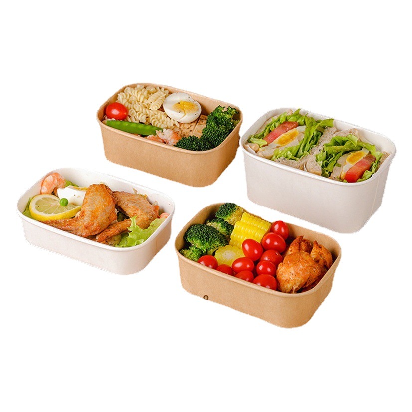 Caja de almuerzo desechable caja de almuerzo de papel kraft rectangular con tapa caja de Bento de fruta de tazón de ensalada de comida ligera con caja de embalaje