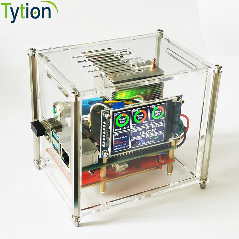 树莓派4B UPS不间断电源 亚克力外壳套件冰塔风扇IPS屏幕系统监控