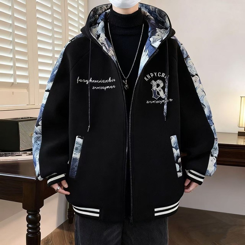 秋冬季胖子宽松大码连帽外套男潮牌帅气青少年男生棒球服夹克上衣|undefined
