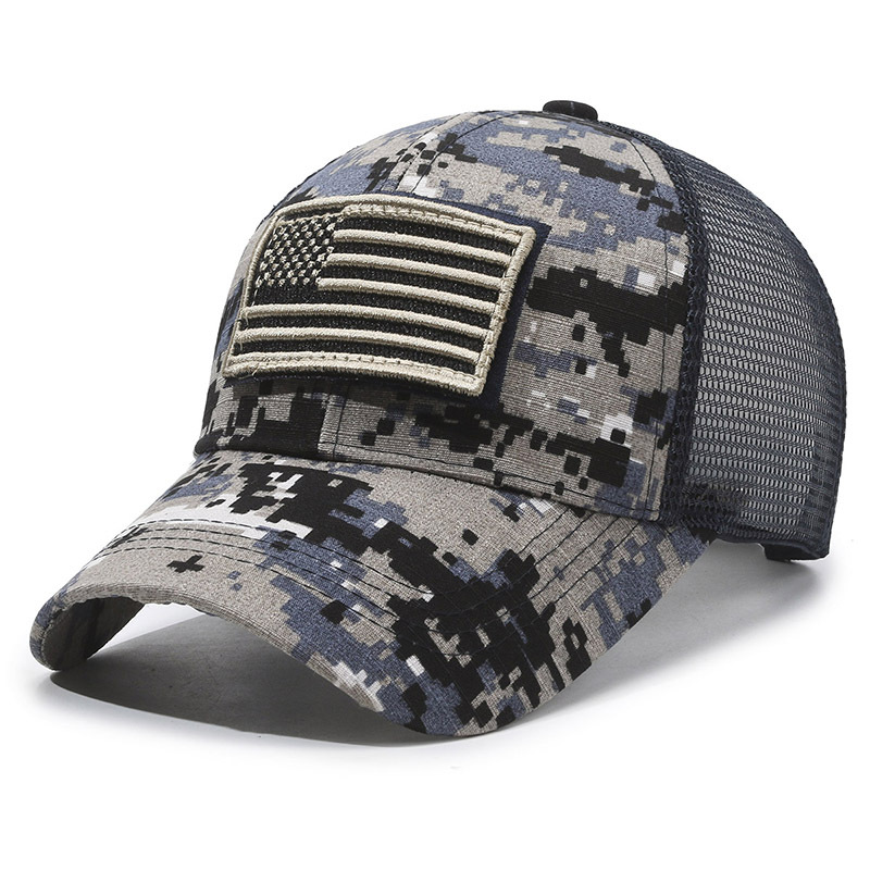 Sello estadounidense, etiqueta rasgada, gorra de velcro, moda al aire libre, protector solar, gorra de red de béisbol, sombrero de camuflaje táctico para hombres