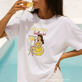 美式休闲百搭流行趣味舒适柠檬女孩印花宽松外穿显瘦遮肉外贸上衣