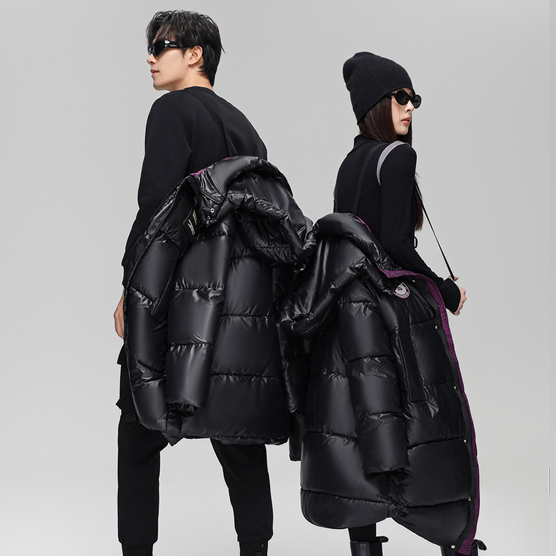 2025 ropa de algodón oro púrpura larga chaqueta de algodón para hombres y mujeres sobre la rodilla protector de comercio con gorras gruesas de pluma de oro negro image 4
