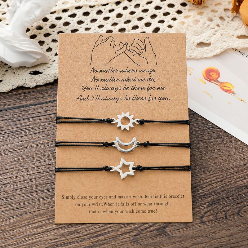 Amazon New Friendship Card Bracelet European and American Personality Alloy Sun Moon Star Wax Rope Woven Bracelet 3 Piece Set