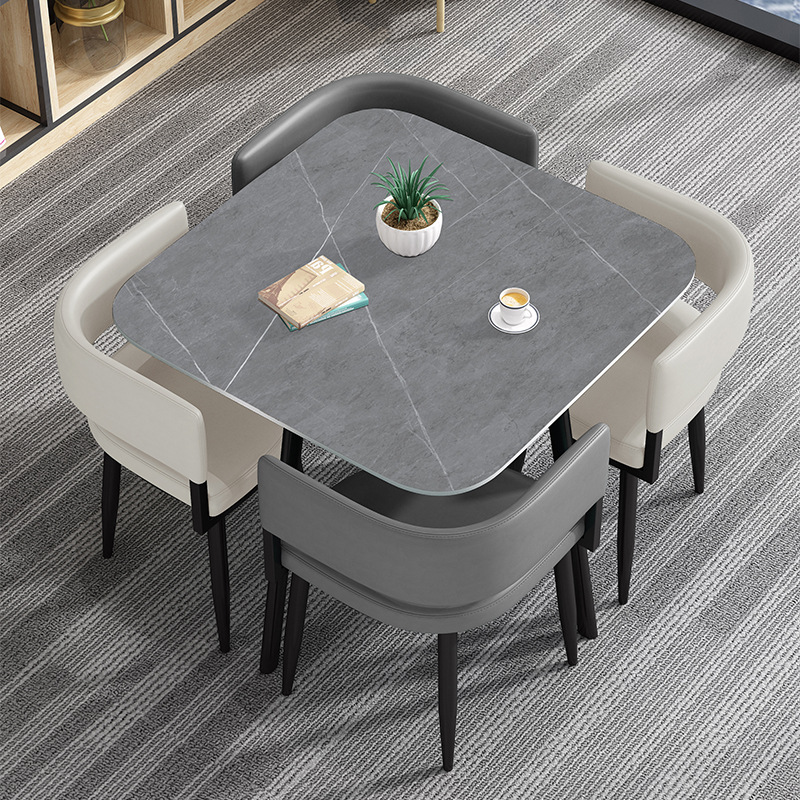 이탈리안 슬레이트 80cm 사각 테이블 - 화이트 + 그레이 의자, 테이블 1개, 의자 4개