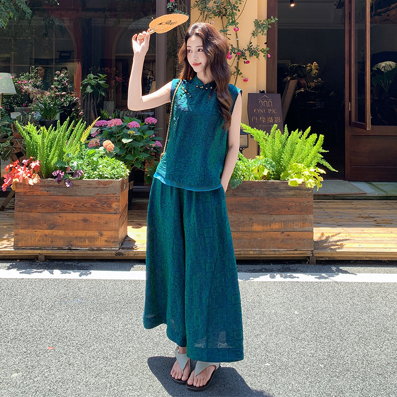 Jacquard Rayon Shimmering Buttoned New Chinese-Style Women's Retro National Style Peacock Blue Vest and Wide-Leg Pants Two-Piece Set