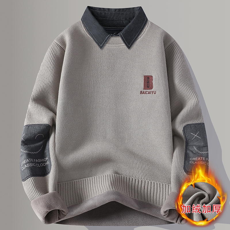 청소년 고급 가짜 투피스 스웨터 겨울 원피스 플리스 셔츠 칼라 바텀 셔츠 남성 심플 니트 스웨터