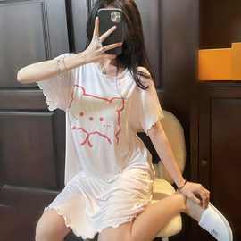 睡裙女夏天莫代尔柔软带胸垫短袖大码卡通甜美小熊圆领薄款家居服