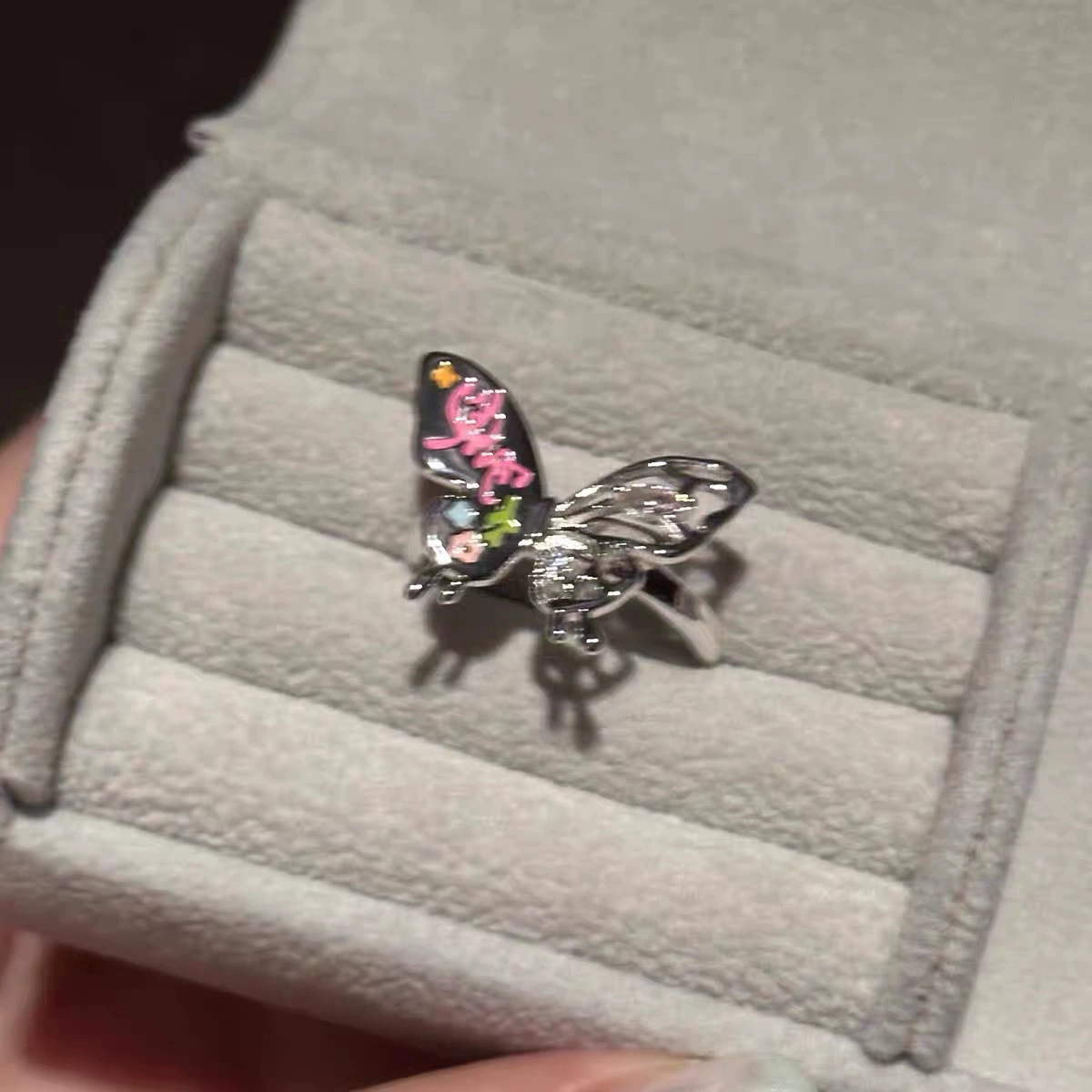 Butterfly Enamel Ring, Small Universal Size, Graffiti Accent, Simple Elegant Design