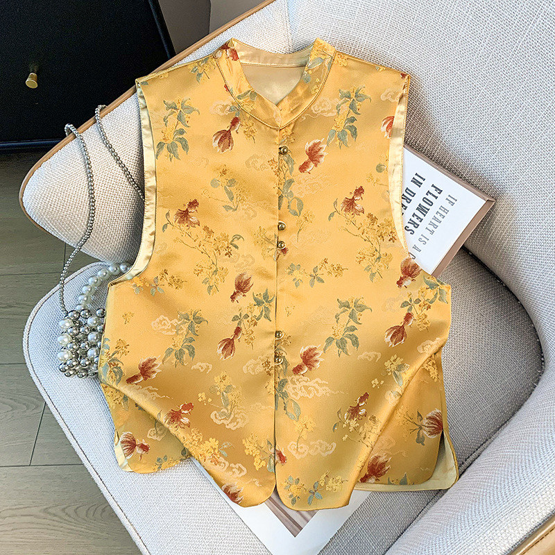 2025 Summer New Retro New Chinese Style National Style Improved Satin Jacquard Embroidered Collar Vest Top for Women
