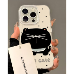 シンプルな水玉模様の大きな顔の猫が描かれた、Apple 16 Pro Max、iPhone 15 Pro、女性向け14、耐衝撃13/17対応のスマホケース