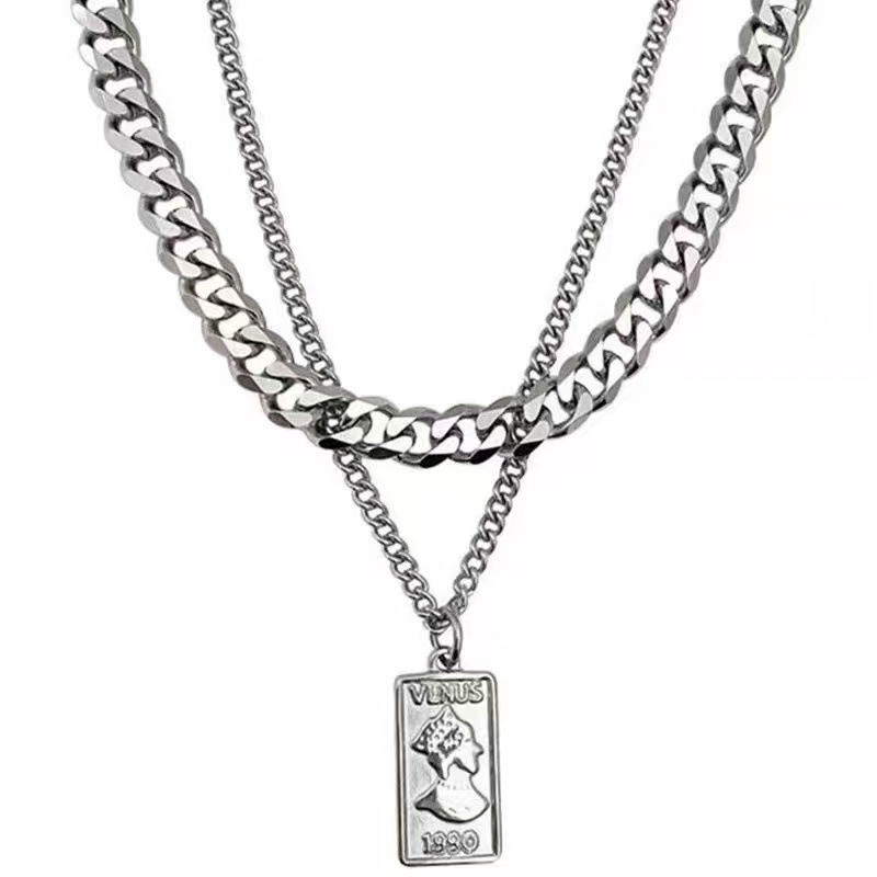 Titanium Steel Coin Pendant Necklace Double Layer Stacking Chain_voghion.com