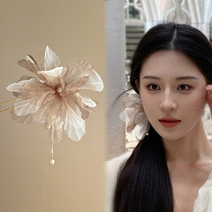 新中国式 ~ 枯葉立体シフォン花髪飾りレトロu型ヘアピン真珠流蘇ヘアピン気質盤ヘアピン