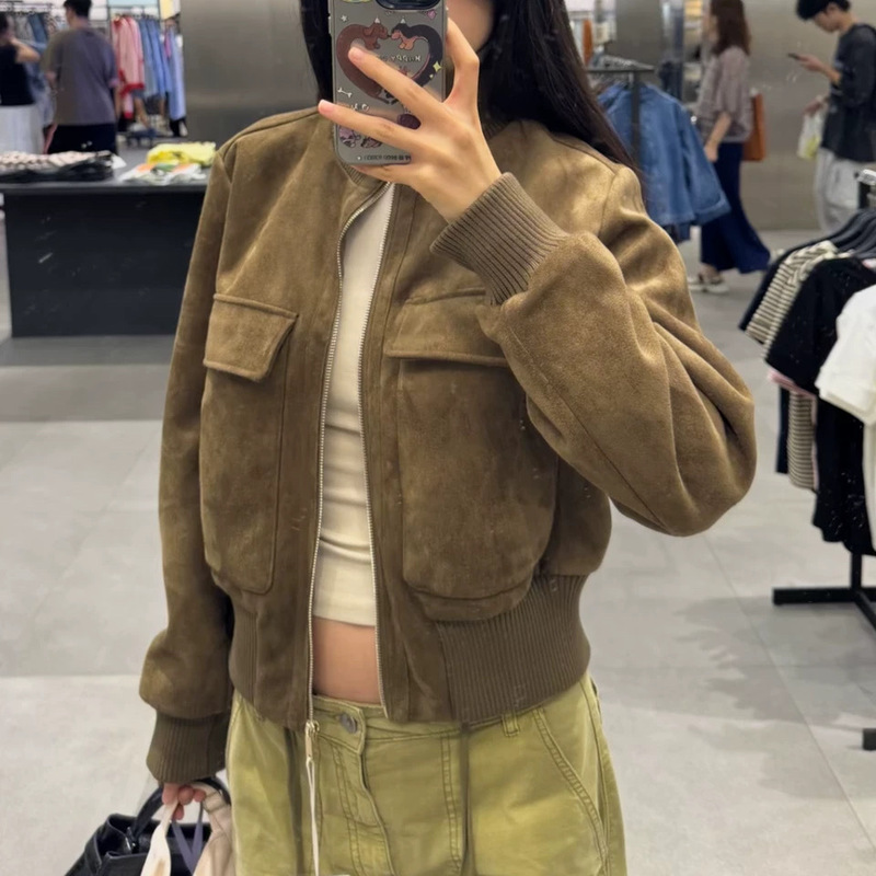 Factory wholesale women's clothing cross-border European and American ZA suede texture top early autumn bomber jacket 3046256 Factory wholesale women's clothing cross-border European and American ZA suede texture top early autumn bomber jacket 3046256