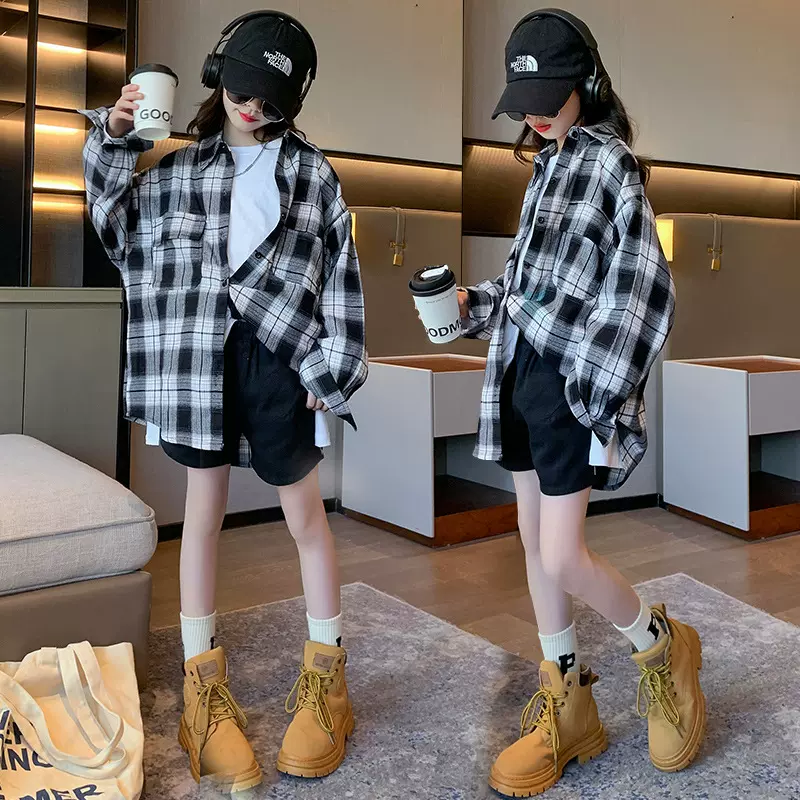 女童秋装衬衫2025新款韩版中大童立领长袖开衫宽松格子时髦外套潮