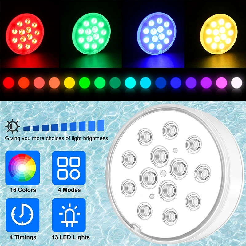 Новая USB-заряжаемая водонепроницаемая светодиодная лампа LED13 RGB с цветоизменением, ПДУ RF, погружная, с таймером для дна бассейна