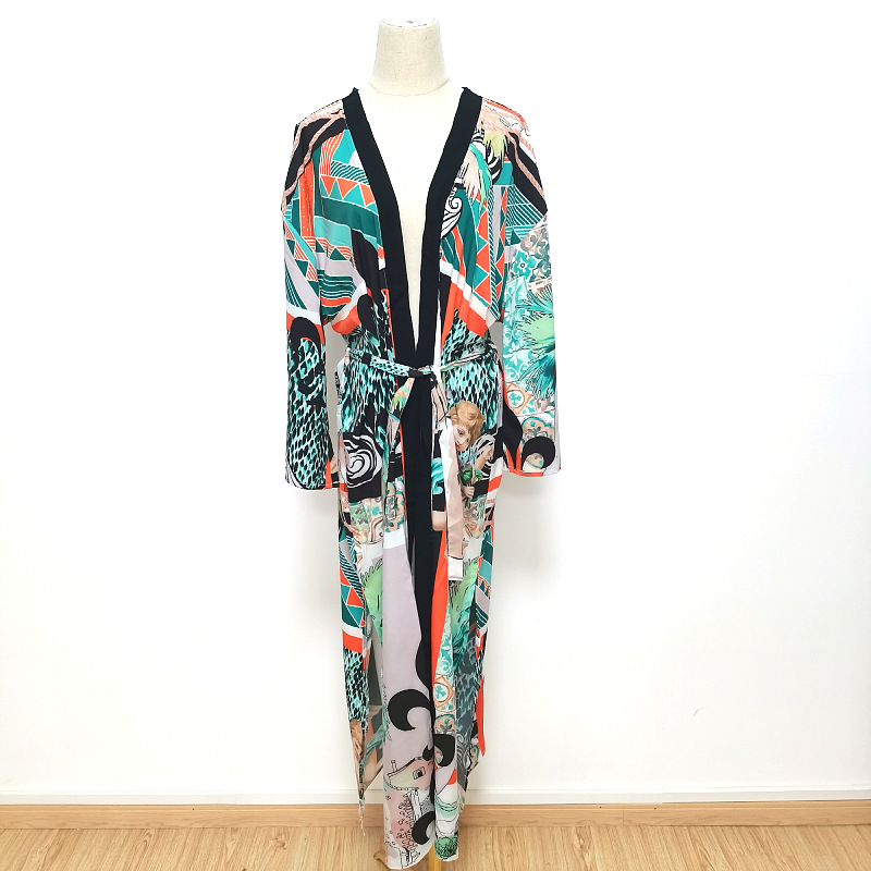 Europeo y americano nuevo impreso playa blusa vacaciones cardigan kimono bikini protección solar camisa traje de baño encubrimiento K501