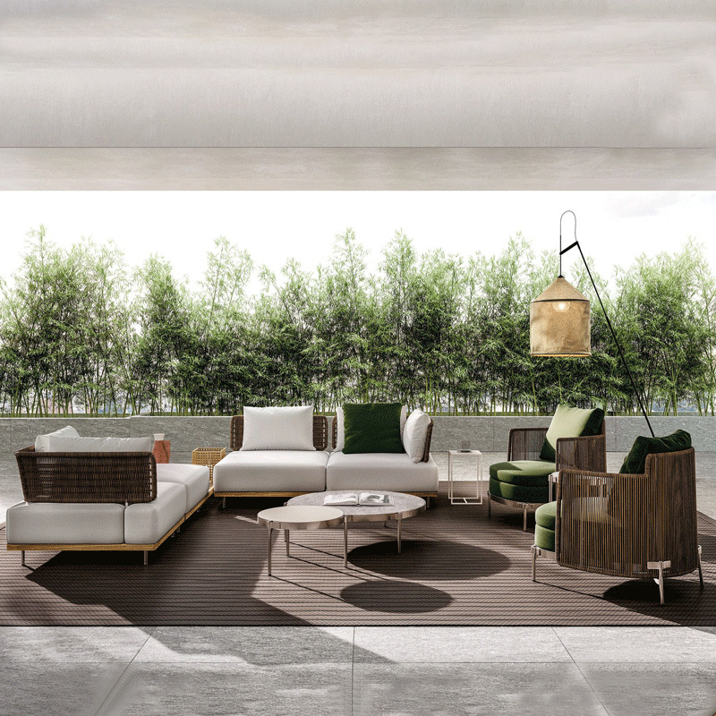 Sofá de caña patio al aire libre ocio silla de caña terraza villa jardín al aire libre impermeable combinación de muebles dobles