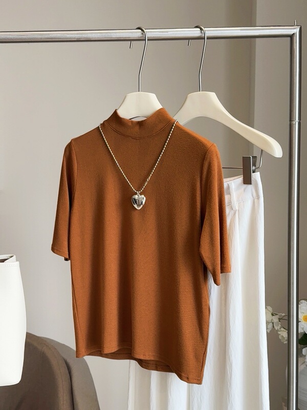 女性用半袖Tシャツ2025春秋新作五分袖ハーフタートルネックストレッチベルベットスリムミッドスリーブボトリングシャツ女性用|undefined