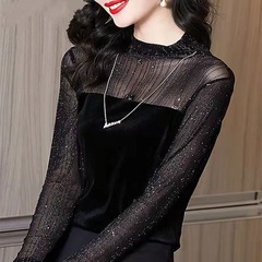 【80-170斤可穿】秋季新款女大码长袖内搭百搭蕾丝上衣打底衫黑色