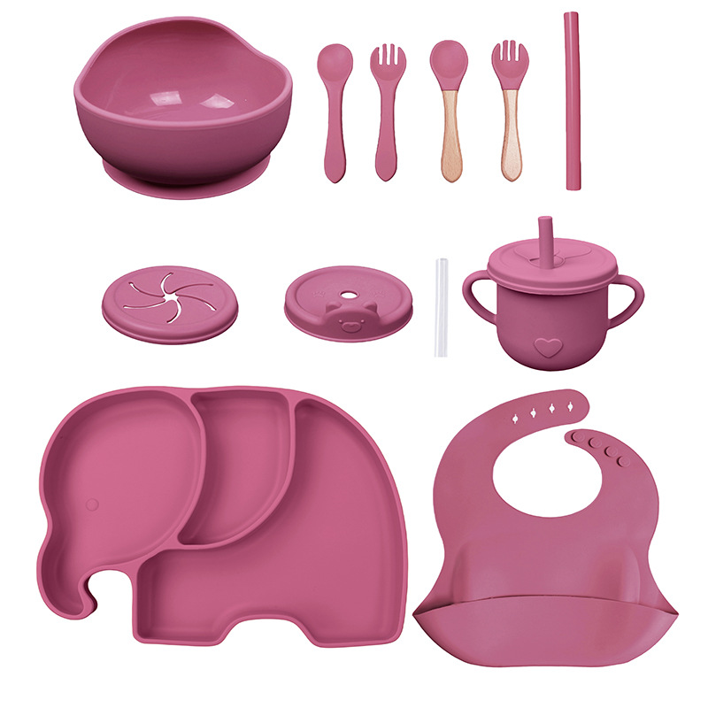 Conjunto de cubiertos para niños tazón de alimentos suplementarios platos de silicona tazón de cuchara de tenedor bib taza de agua de grado alimenticio para bebés alimentación suplementaria