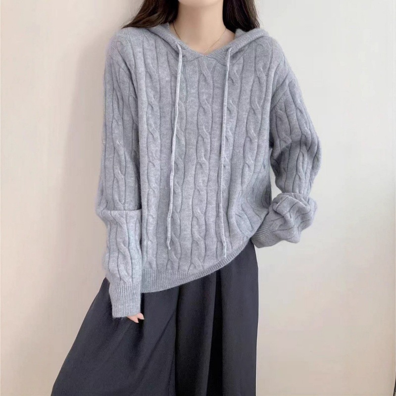连帽麻花针织套头毛衣女秋冬新款百搭慵懒风宽松软糯女装毛衣外套|undefined
