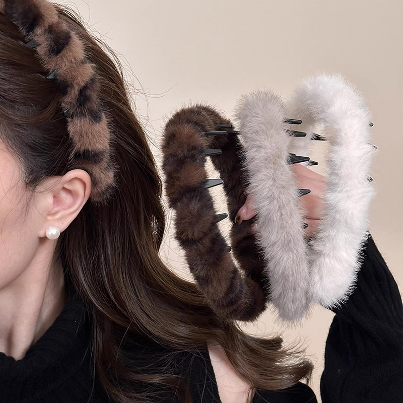 Sweet Cool Leopard Pattern with Teeth Plush Wave Hair Band Hair Root Fluffy Artifact Wash Face Pressure Hair Non-slip Hair Band Hair Pin Headwear