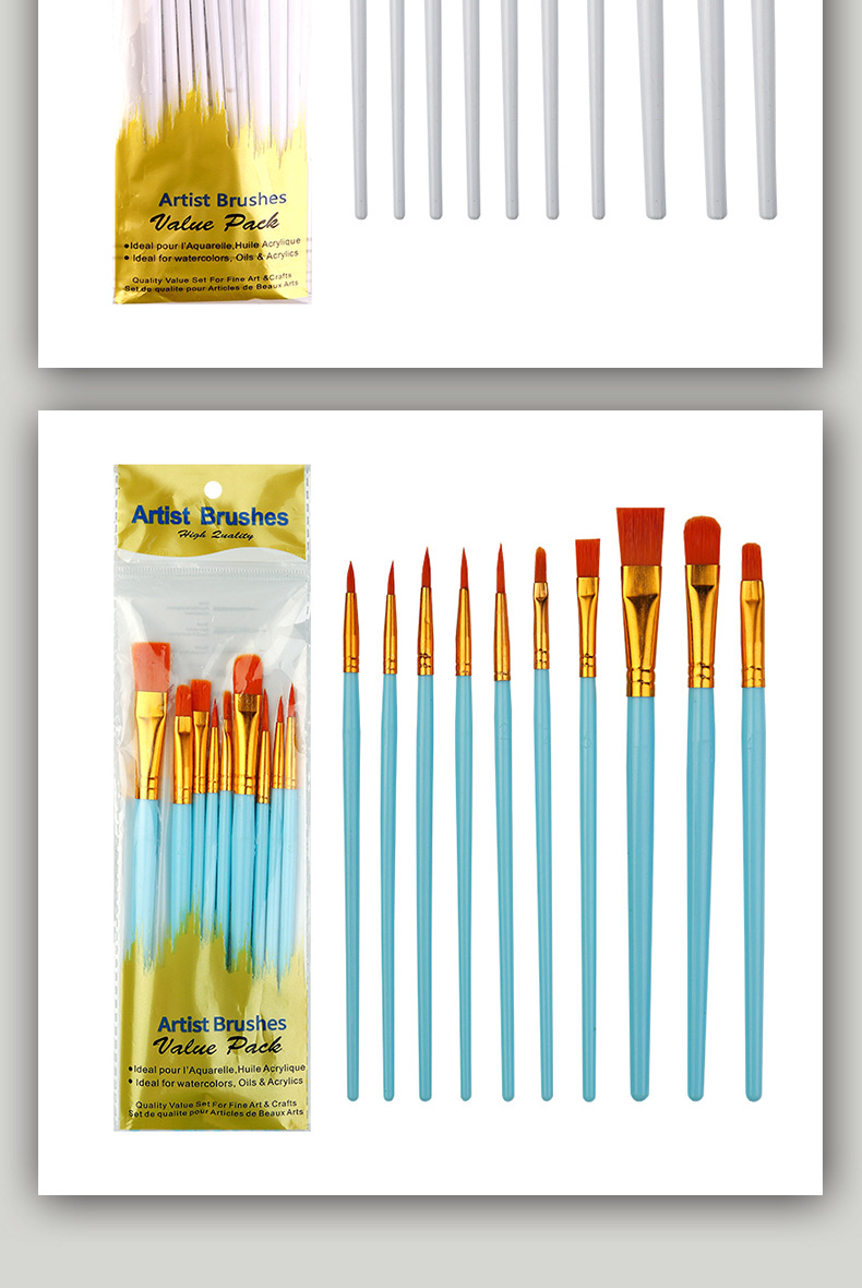 跨境10支塑料杆画笔刷套装珠光蓝彩色套装尼龙毛勾线笔水粉油画笔详情15