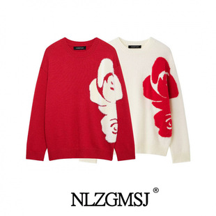 2025 spring new women's European and American style fashion flower round neck sweater new year red sweater top
