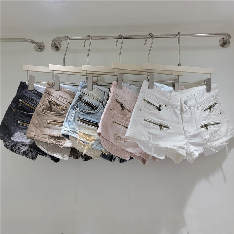 Shorts de Mezclilla con Encaje Empalmado y Cintura Baja con Bolsillos para Verano