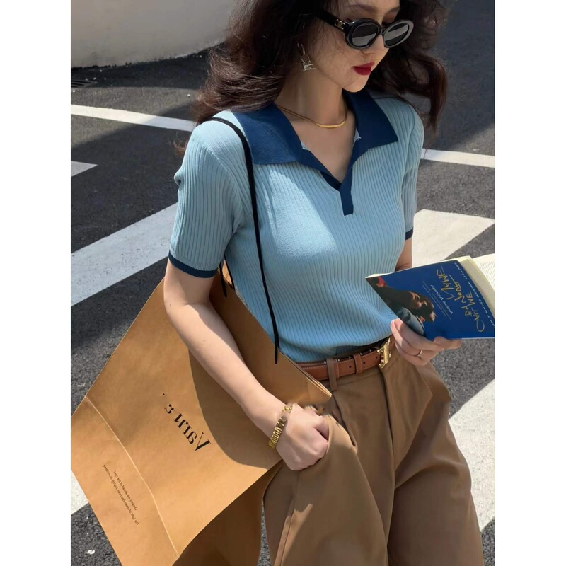 French Retro Contrast Color Lapel Ice Silk Knitted Sweater Women's Summer Elegant Slimming All-match V-neck Short-sleeved T-shirt Chic Top