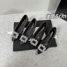 增高5CM水钻方扣尖头浅口单鞋女2025新款韩系加绒保暖绒面高跟鞋