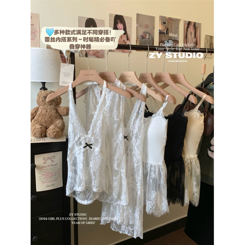 Pure Desire Style Sexy Lace Sling dress Women's Winter 2024 New Sleeveless Stacked Waisted Bow Skirt