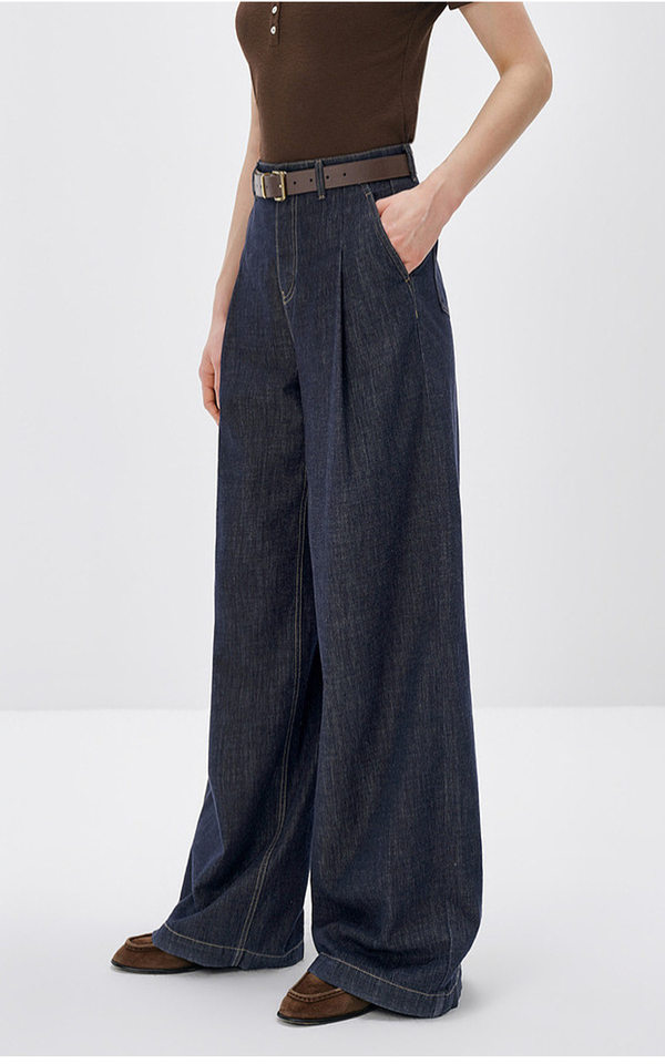 Quần ống rộng denim cạp cao phong cách retro cho nữ, form suông thoải mái tôn dáng — Xanh tím than chi tiết 11